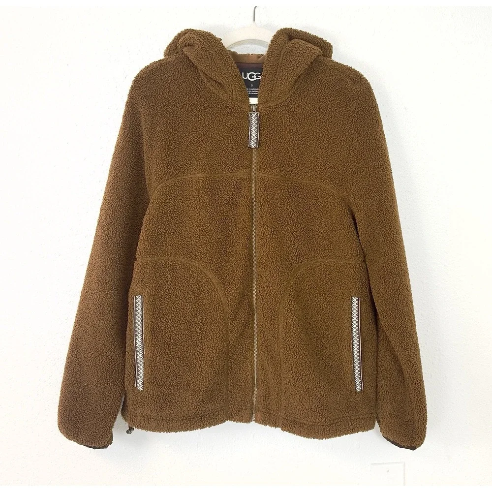 UGG-Braid Full-Zip Hoodie Brown Sherpa Jacket Gorpcore Outdoor Fleece Men's S